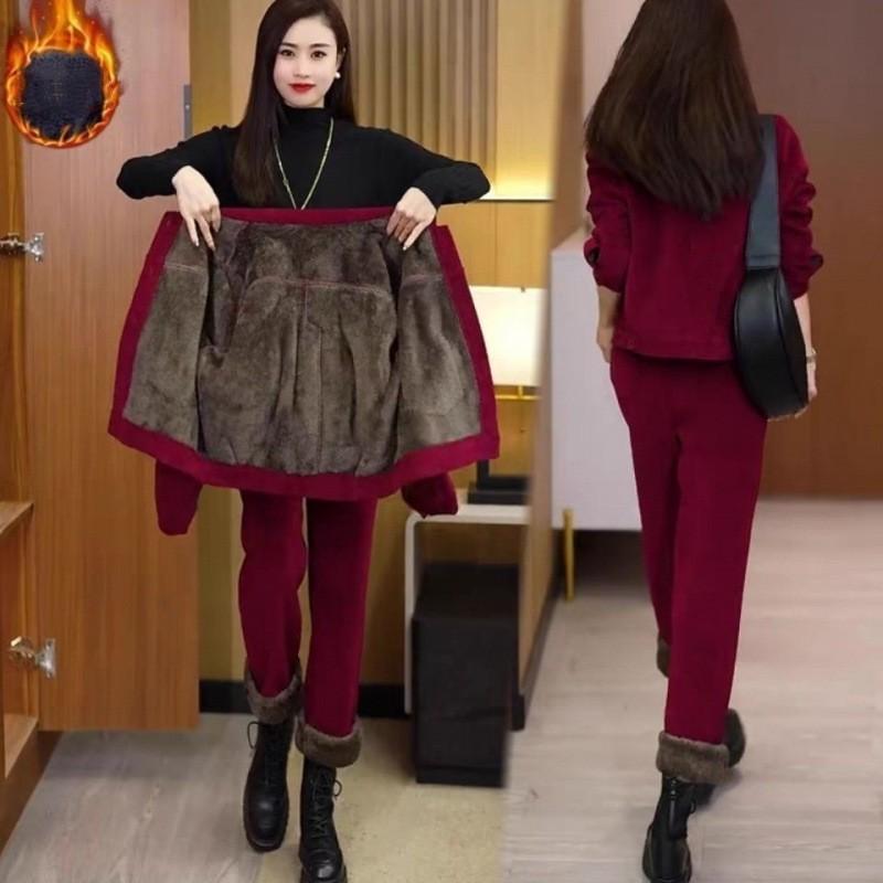 Damen Winter gepolstert verdickt Anzug Freizeit Temperament warme Jacke + Hose zweiteiliges Set 2XL rot von Joom DACH