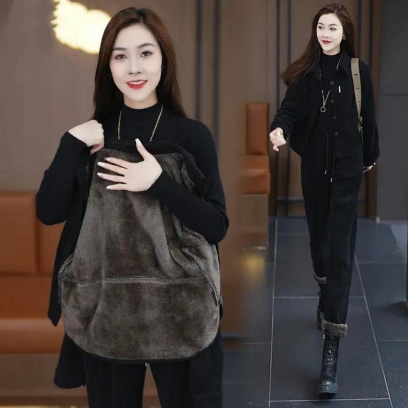 Damen Winter gepolstert verdickt Anzug Freizeit Temperament warme Jacke + Hose zweiteiliges Set L schwarz von Joom DACH