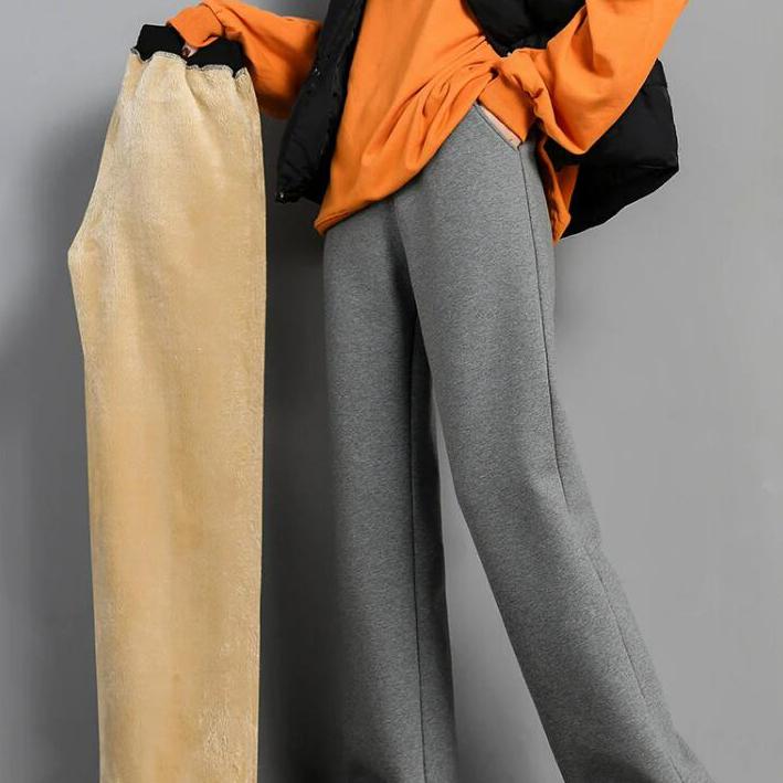 Damen Winterhose aus Lammfell, dicke Plüschhose, hohe Taille, Baumwollfleece, lockere Hose mit weitem Bein S grau von Joom DACH
