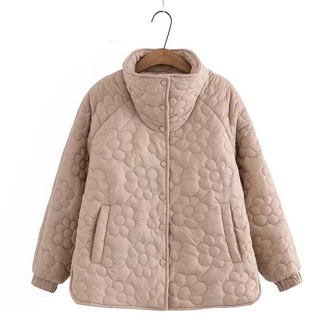 Damen-Winterjacke in Übergröße mit Stehkragen, Knopfleiste und floraler Steppung mit Baumwollsandwich in der Mitte XXXXL khaki von Joom DACH