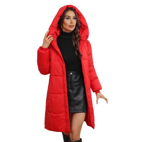 Damen Winterjacke mit Kapuze, dicker, gepolsterter Daunenmantel, schmale Taille, Reißverschluss, mittellang, winddichter Baumwollmantel für kaltes Wetter L rot von Joom DACH