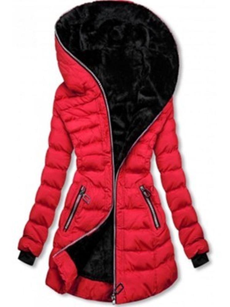 Damen Winterjacke mit Kapuze, langen Ärmeln und mittellanger Reißverschlussjacke aus Samt und Baumwolle L rot von Joom DACH