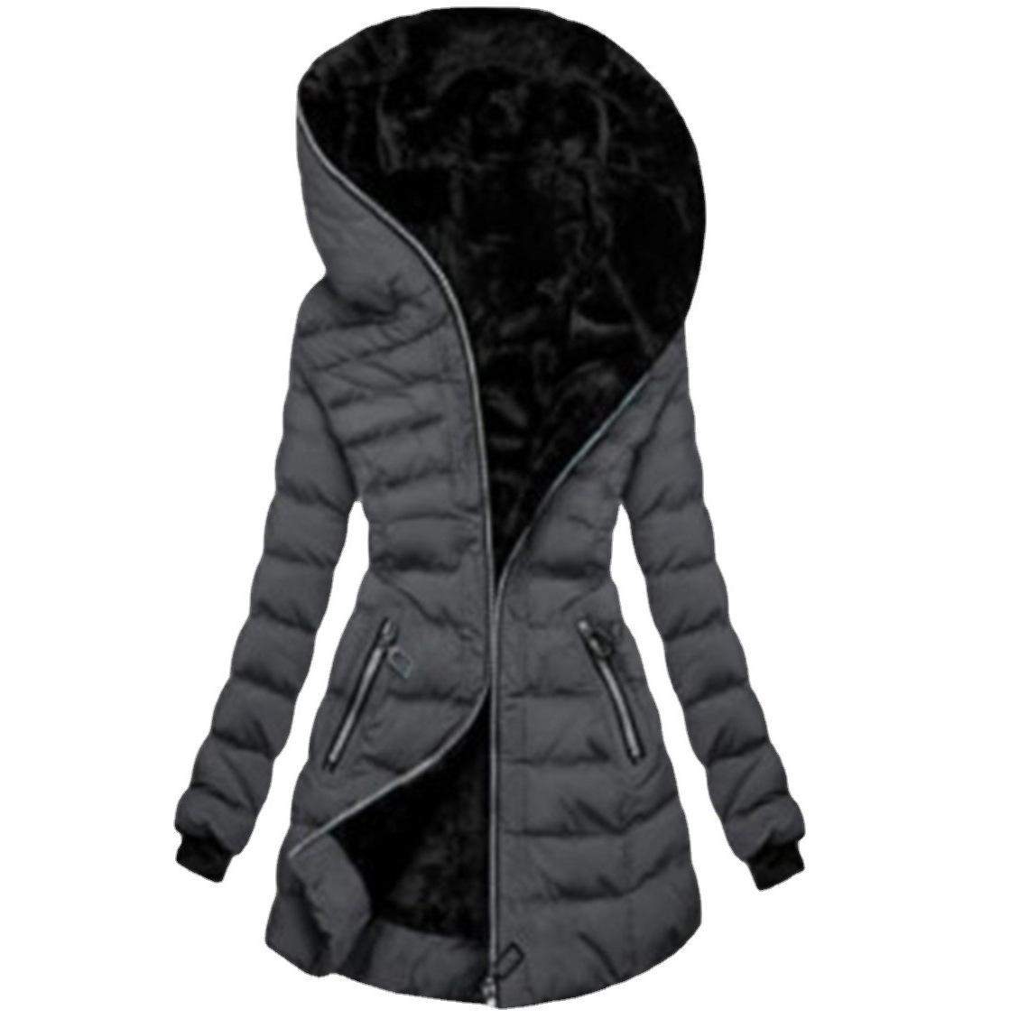 Damen Winterjacke mit Kapuze, langen Ärmeln und mittellanger Reißverschlussjacke aus Samt und Baumwolle XXL schwarz von Joom DACH