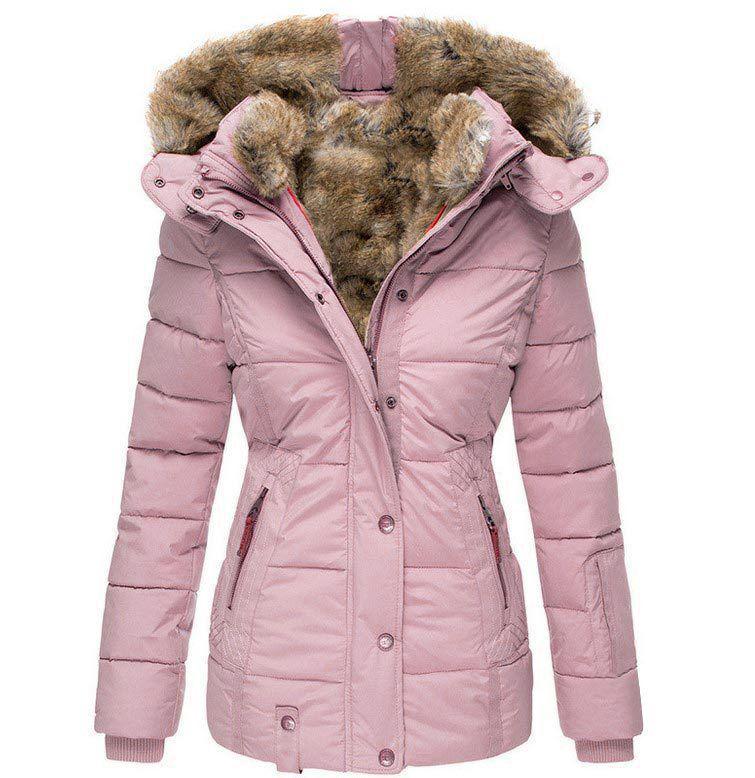 Damen Winterjacke mit Kunstfellkragen, Baumwollwattierung - Slim Fit, mit Kapuze, Langarmmantel L rosa von Joom DACH