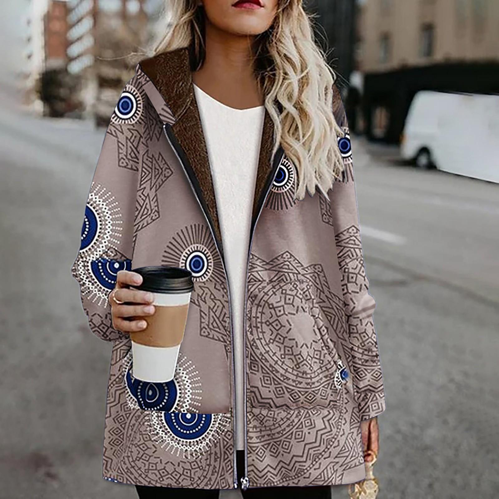 Damen Wintermantel, lässige Outwear, warm, Retro-Print, Taschen, Reißverschluss, Kapuze, dicker Mantel, Übergröße 5XL kaffeebraun von Joom DACH