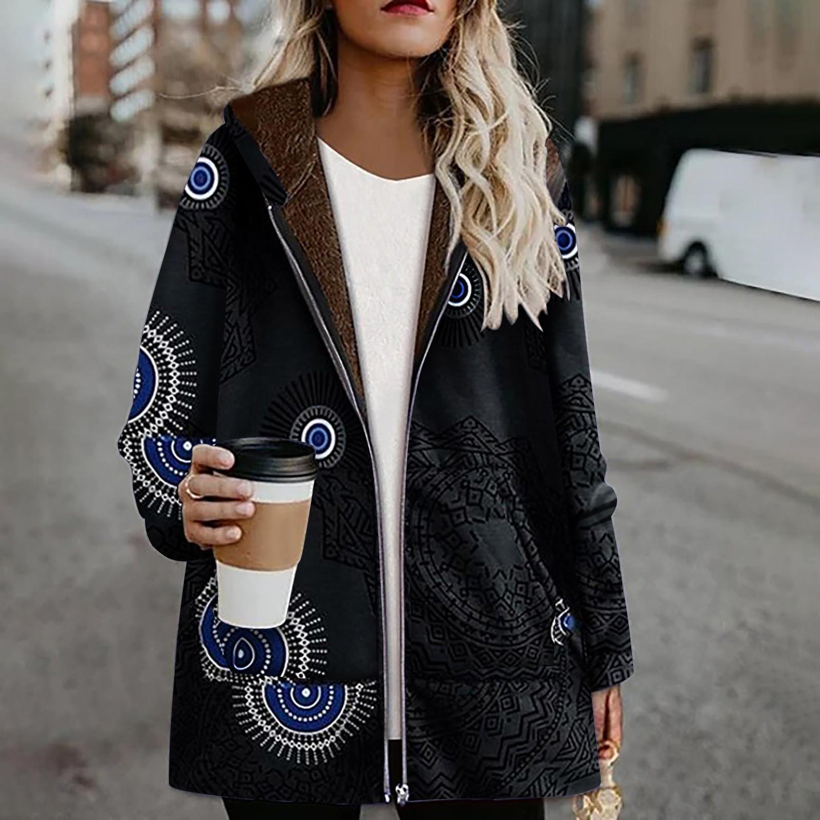 Damen Wintermantel, lässige Outwear, warm, Retro-Print, Taschen, Reißverschluss, Kapuze, dicker Mantel, Übergröße 5XL schwarz von Joom DACH