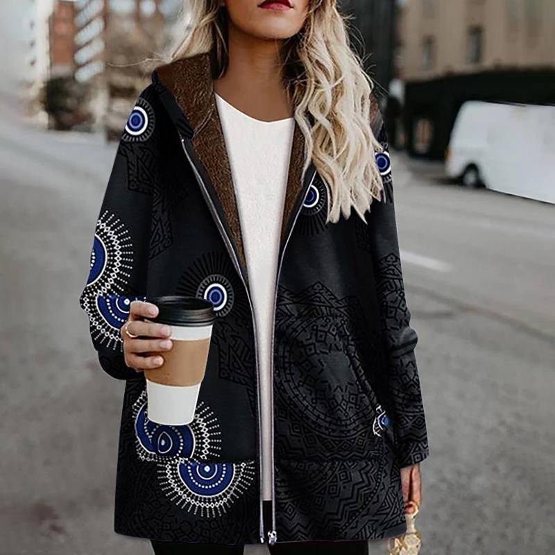 Damen Wintermantel, lässige Outwear, warm, Retro-Print, Taschen, Reißverschluss, Kapuze, dicker Mantel, Übergröße 5XL schwarz von Joom DACH