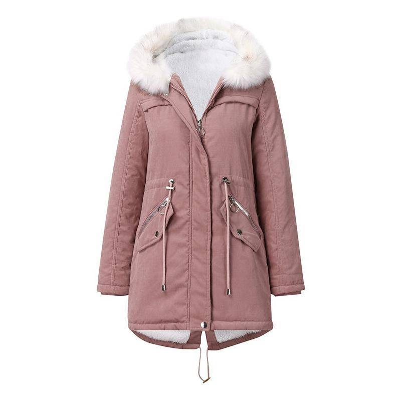 Damen-Wintermantel, weißer Parka mit Pelzkragen, mittellanger, warmer Wintermantel aus Samt mit Kapuze S rosa von Joom DACH
