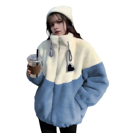 Damen Wintermantel Dicker Fleece Colorblock Patchwork Stehkragen Nackenschutz Kordelzug Reißverschluss Strickjacke Lange Ärmel Kälteschutz Oberbekleidung Schule XL blau von Joom DACH