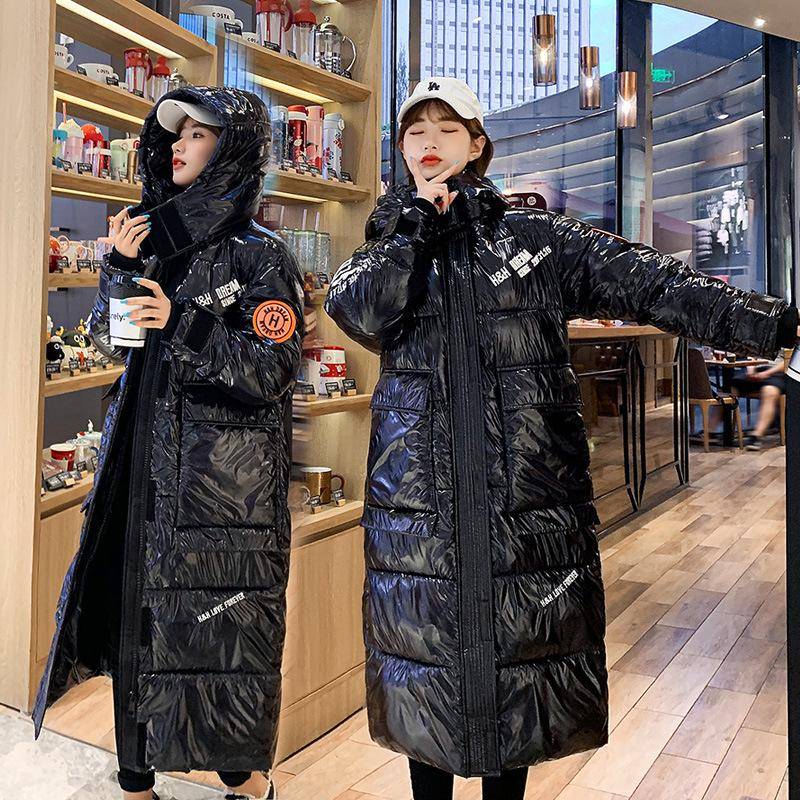 Damen Wintermantel Winterjacke mit Kapuze Schwarz Lange Daunenjacke aus Baumwolle Locker Warm Glänzend Damen Parka Schneemantel Jacke XS schwarz von Joom DACH