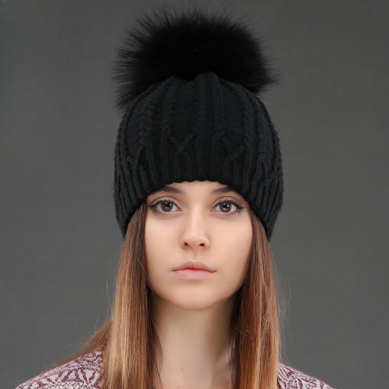 Damen Wintermütze aus gestrickter Wolle mit natürlichem Waschbärpelz, doppelstöckig, warme Mützen, weibliche Pom-Pom-Mützen, Damenmode, Skullies & Beanies von Joom DACH