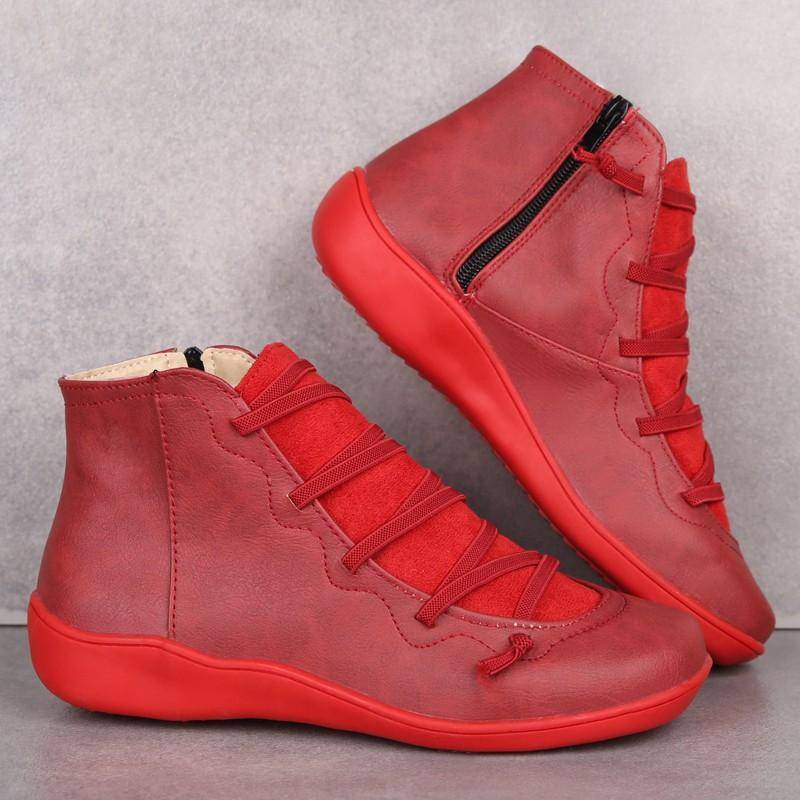 Damen Winterstiefel PU Leder Stiefeletten Frühling Flache Schuhe Weibliche Casual Kurze Stiefel Mode Retro Schnürstiefel Zapatos Mujer 39 rot von Joom DACH