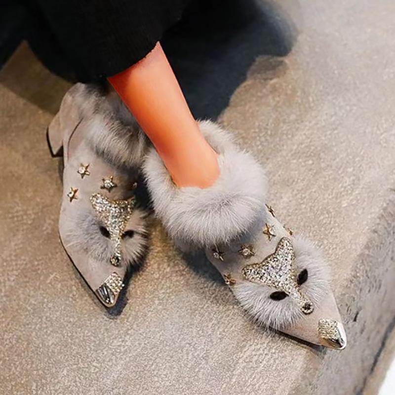 Damen Winterstiefeletten mit spitzer Spitze, rutschfeste Stiefeletten mit niedrigem Absatz und Kunstfellfutter, dicker Blockabsatz, Wanderstiefel, Schuhe für Damen 41 graue von Joom DACH