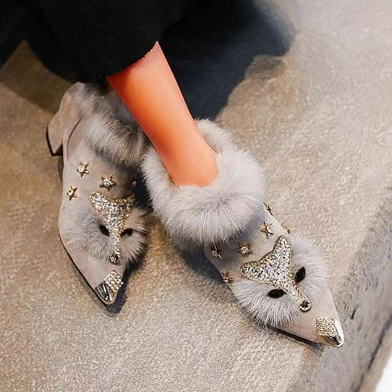 Damen Winterstiefeletten mit spitzer Spitze, rutschfeste Stiefeletten mit niedrigem Absatz und Kunstfellfutter, dicker Blockabsatz, Wanderstiefel, Schuhe für Damen 41 graue von Joom DACH