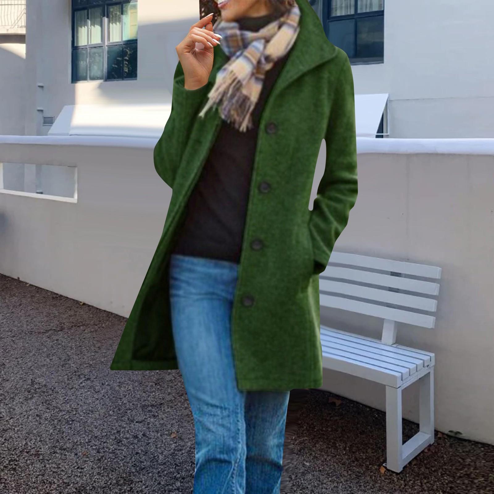 Damen Woll-Trenchcoat, Doppelmantel, lässiger Stehkragen, mit Fleece gefütterte Jacke, Oberbekleidung M grün von Joom DACH