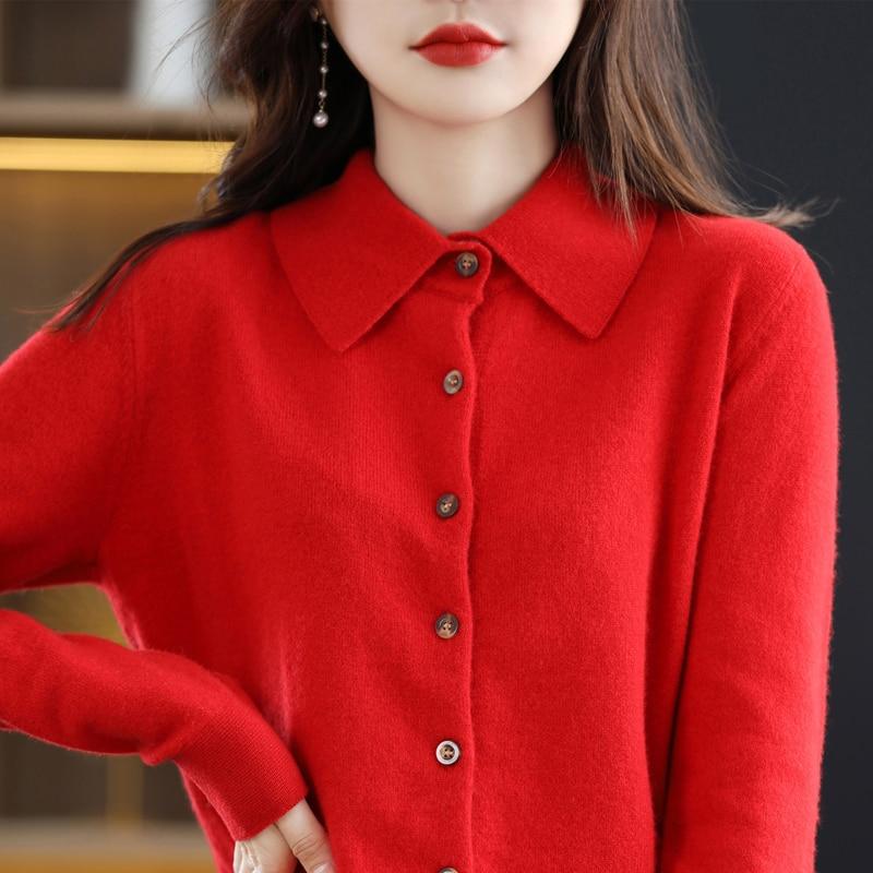 Damen Wollstrick-Cardigan-Jacke, lockerer Polo-Kragen-Pullover, außen, einfarbig, Knopfstrick-Hemd, Pullover, koreanisches Herbst-Winter-T-Shirt S rot von Joom DACH