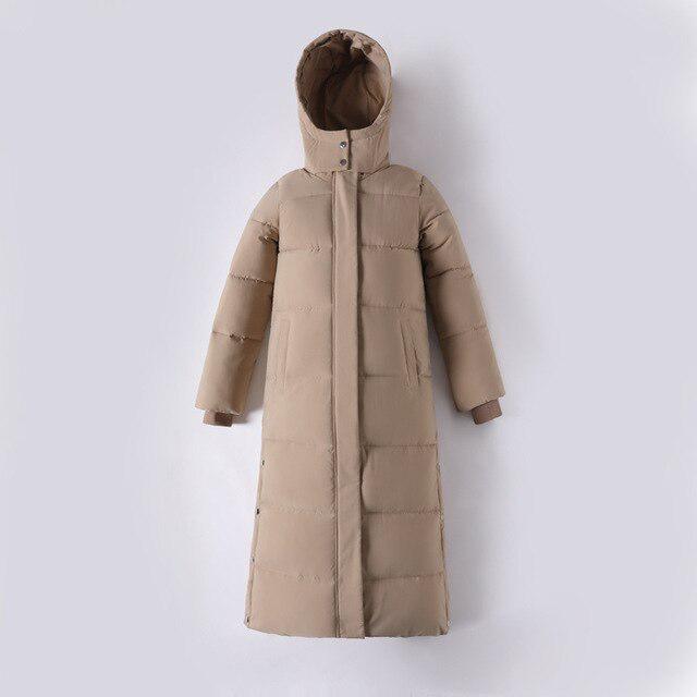Damen X-Long Winterjacke mit Kapuze, seitlich geteilt, winddicht, warme Daunenjacke, übergroße, mit Baumwolle gepolsterte Parkas L khaki von Joom DACH