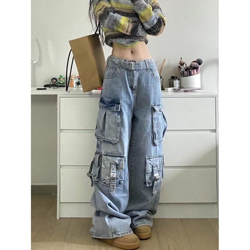 Damen Y2k Retro Mutil Taschen Cargo Jeans Vintage Gyaru Damen Denim Hose Hose Pantalones S blau von Joom DACH