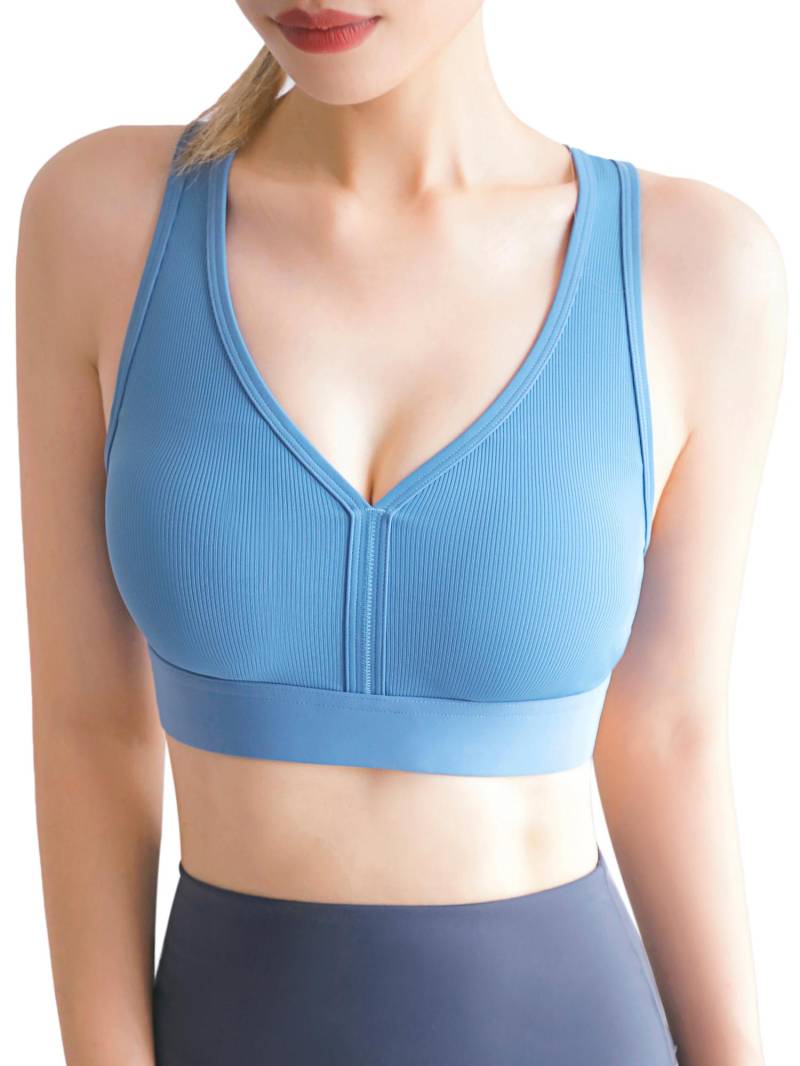 Damen Yoga-BH, Sport, gerippt, V-Ausschnitt, Workout, Joggen, drahtlos, Freizeitweste M blau von Joom DACH