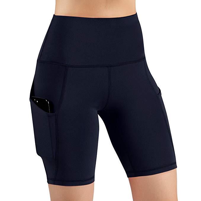 Damen-Yoga-Shorts mit hoher Taille und Taschen, kurze Laufsport-Athletik-Yoga-Shorts, Sporthose M dunkelblau von Joom DACH