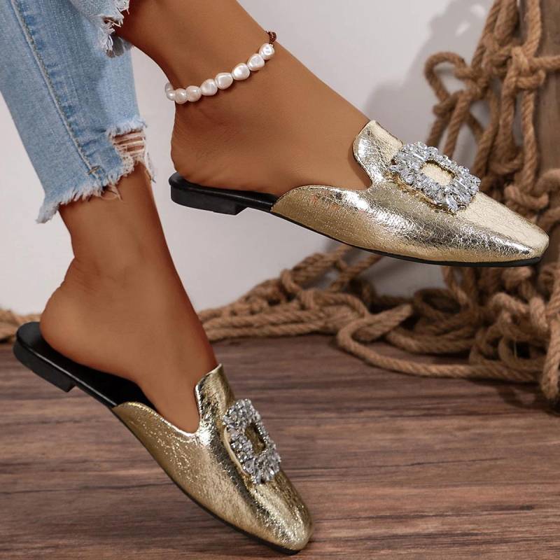 Damen Zehenspitze Flache Hausschuhe Sommer Neu Strass Schnalle Slip-on Mules für Damen Outdoor Damen Leichte Freizeit Pantoletten Schuhe 42 gold von Joom DACH