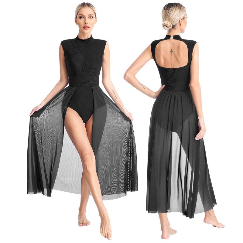Damen Zeitgenössisches Lyrisches Tanzkleid Ballett Gymnastik Trikot Ärmelloses Chiffon Fließendes Kleid Bühnenauftritt Tanzbekleidung L schwarz von Joom DACH
