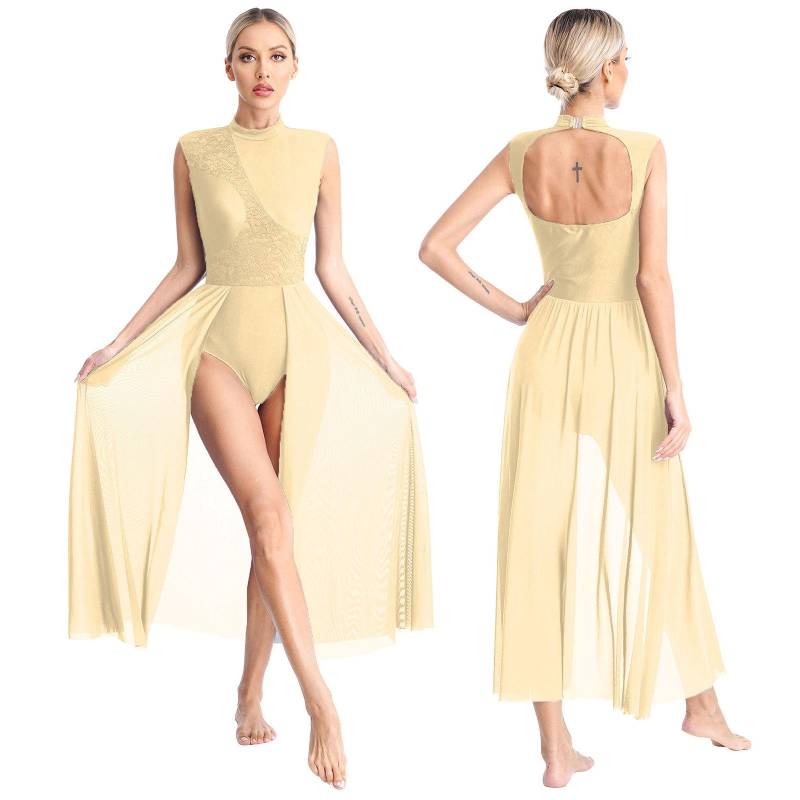 Damen Zeitgenössisches Lyrisches Tanzkleid Ballett Gymnastik Trikot Ärmelloses Chiffon Fließendes Kleid Bühnenauftritt Tanzbekleidung S champagner von Joom DACH