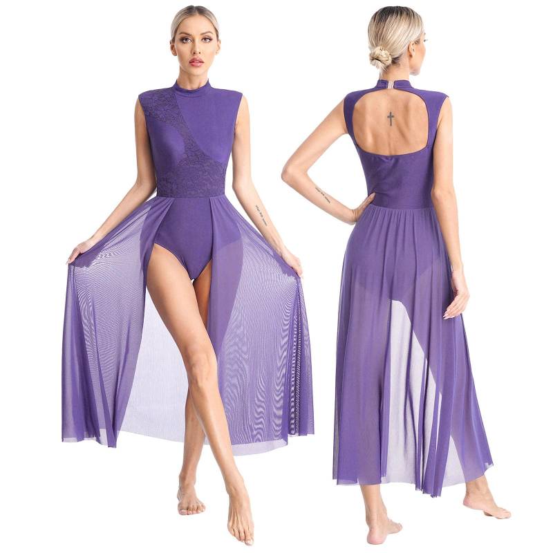 Damen Zeitgenössisches Lyrisches Tanzkleid Ballett Gymnastik Trikot Ärmelloses Chiffon Fließendes Kleid Bühnenauftritt Tanzbekleidung S violett von Joom DACH
