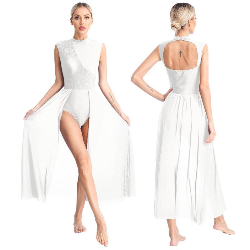 Damen Zeitgenössisches Lyrisches Tanzkleid Ballett Gymnastik Trikot Ärmelloses Chiffon Fließendes Kleid Bühnenauftritt Tanzbekleidung S weiß von Joom DACH