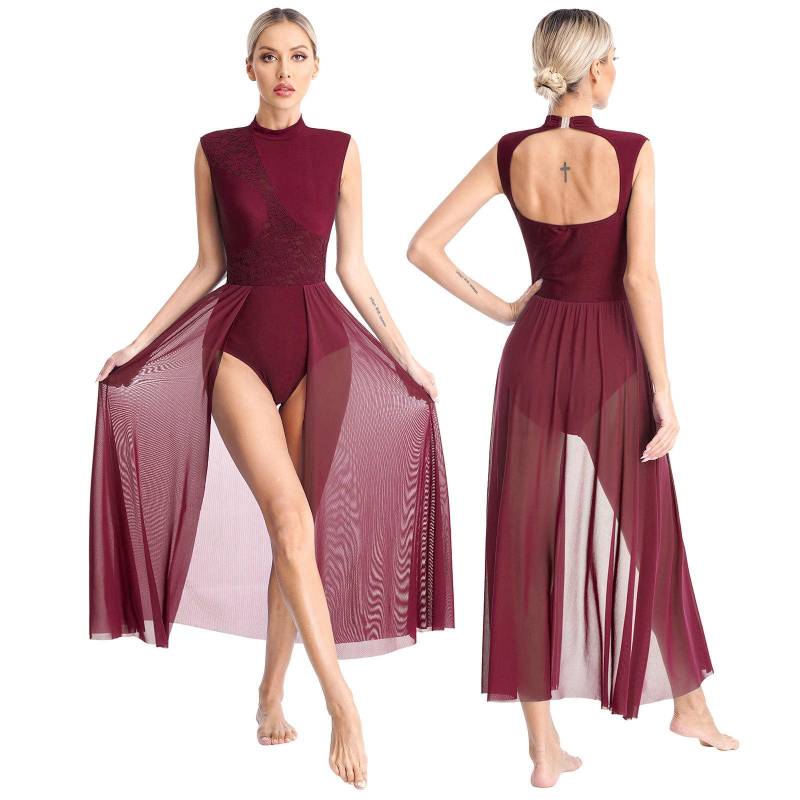 Damen Zeitgenössisches Lyrisches Tanzkleid Ballett Gymnastik Trikot Ärmelloses Chiffon Fließendes Kleid Bühnenauftritt Tanzbekleidung XXL bordeaux von Joom DACH