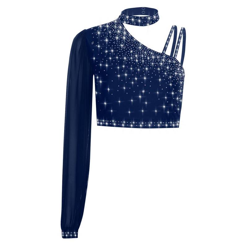 Damen Zeitgenössisches Lyrisches Tanzkostüm Asymmetrisches Durchsichtiges Netz Langarm Glänzendes Strass Crop Top L navy blau von Joom DACH