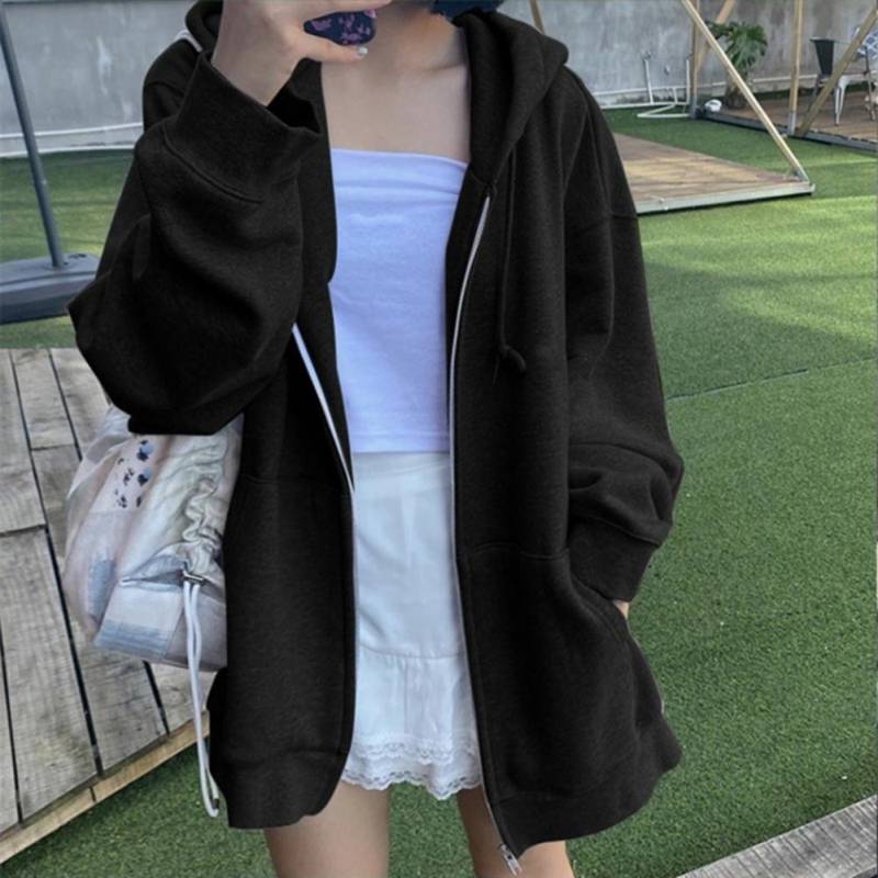 Damen Zip Up Sweatshirt Lässig Übergroß Kapuzenpullover Koreanischer Stil Hoodies Harajuku Uni Locker Langarm Damenjacke Große Mäntel S schwarz von Joom DACH