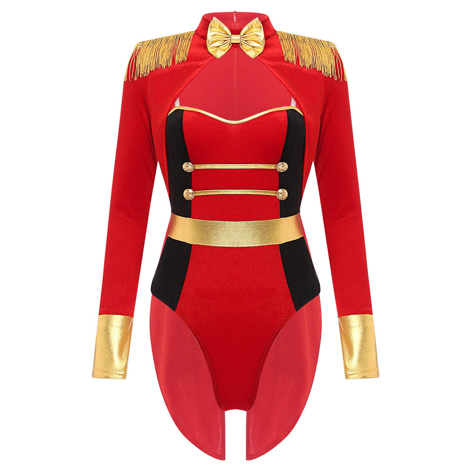 Damen Zirkusdirektorin Kostüm Fransen Epaulette Langarm Samt Jumpsuit Halloween Cosplay Body rot von Joom DACH