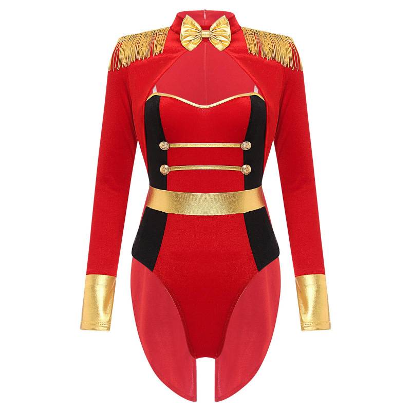 Damen Zirkusdirektorin Kostüm Fransen Epaulette Langarm Samt Jumpsuit Halloween Cosplay Body XL rot von Joom DACH