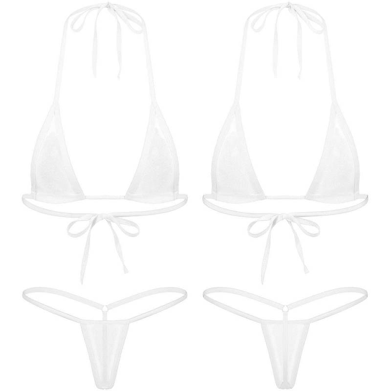 Damen Zweiteiliger Dreiecks-Bikini-Set mit Neckholder-Schnür-BH und T-Back-String-Bademode OneSize weiß von Joom DACH