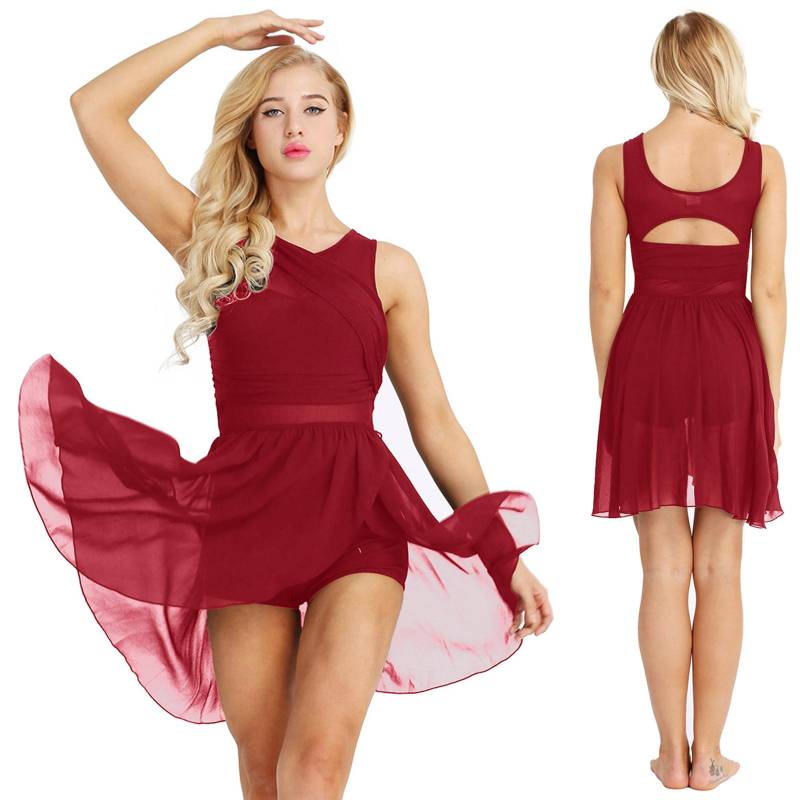 Damen ärmelloses, asymmetrisches Chiffon-Lyrik-Tanzkostüm, dehnbares Ballett-Tutu, Gymnastik-Trikot-Tanzkleid XS rot von Joom DACH