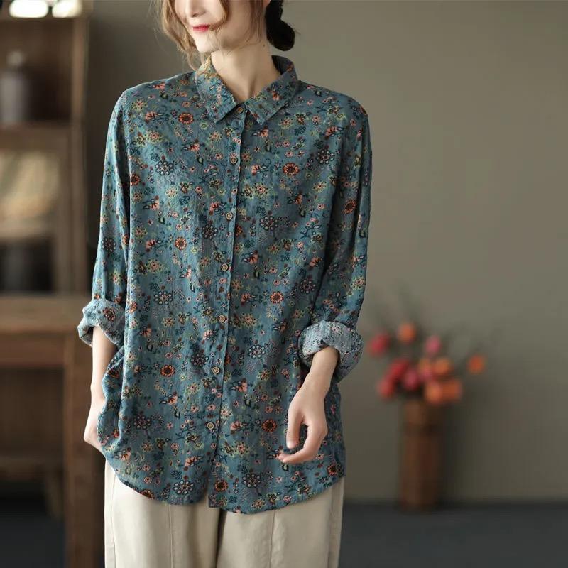Damen bedrucktes Baumwoll-Leinen-Hemd, lässiges Frühlings- und Herbst-Vintage-Langarm-Shirt-Oberteil für Damen 3XL blau von Joom DACH