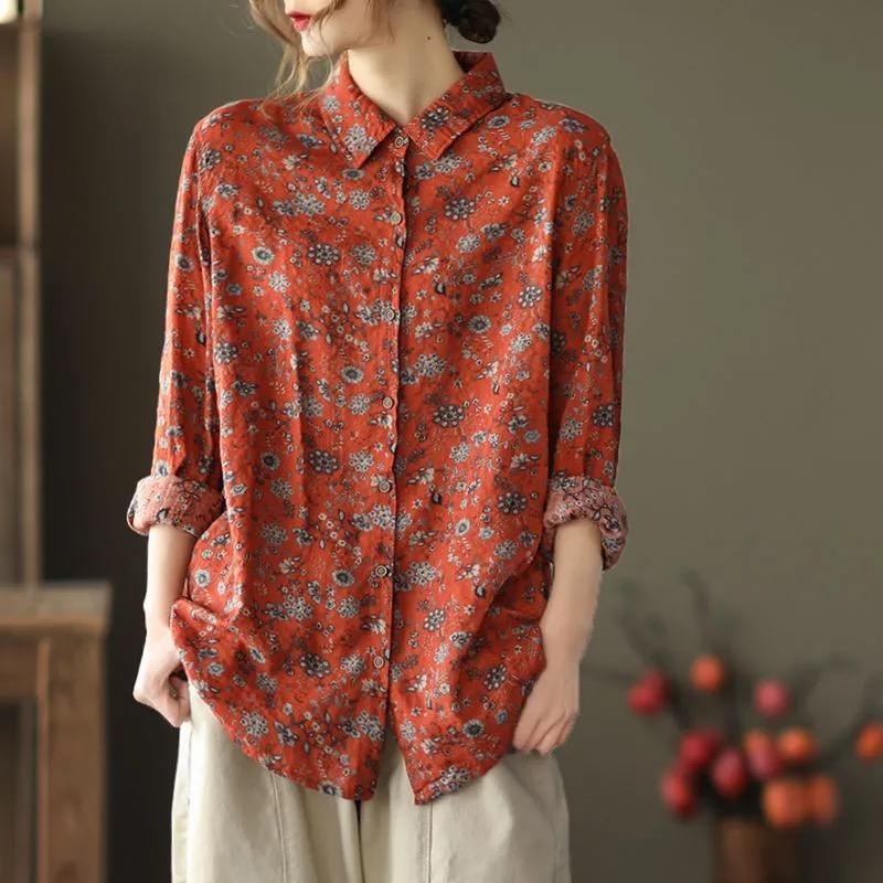 Damen bedrucktes Baumwoll-Leinen-Hemd, lässiges Frühlings- und Herbst-Vintage-Langarm-Shirt-Oberteil für Damen 3XL rot von Joom DACH