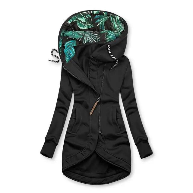 Damen einfarbiges Kapuzensweatshirt mit Reißverschluss und Print - Langarmjacke, Ausgabe 2024 M schwarz von Joom DACH