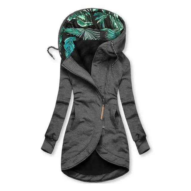 Damen einfarbiges Kapuzensweatshirt mit Reißverschluss und Print - Langarmjacke, Ausgabe 2024 XXL graue von Joom DACH