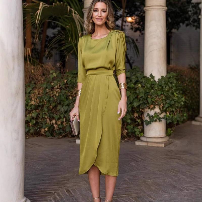 Damen formelles Kleid Rundhalsausschnitt Hohe Taille Satinkleid Elegant Party Abendkleider XL grün von Joom DACH