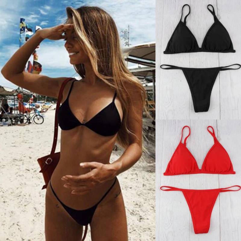 Damen gepolsterter BH G-String Tanga Bikini Bademode Zweiteiliger Badeanzug Bademode S rot von Joom DACH