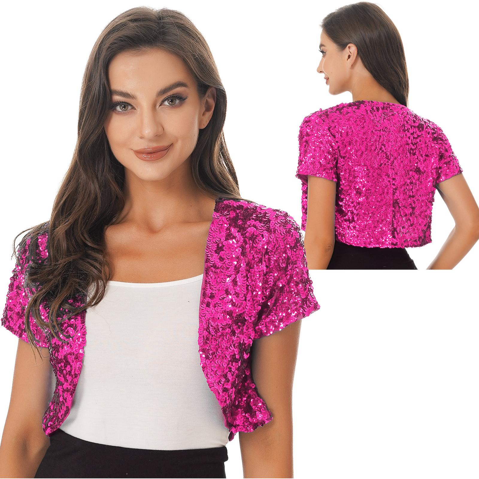 Damen glänzende Pailletten-Kurzjacke, Mantel, glitzernde Weste, Strickjacke, Bühnenkostüm One Size heißes rosa von Joom DACH