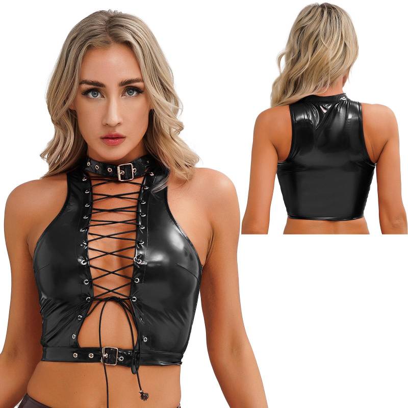 Damen glänzendes PU-Leder, ausgehöhltes Crop-Top, ärmelloses, schnürbares Tank-Top, Clubwear S schwarz von Joom DACH