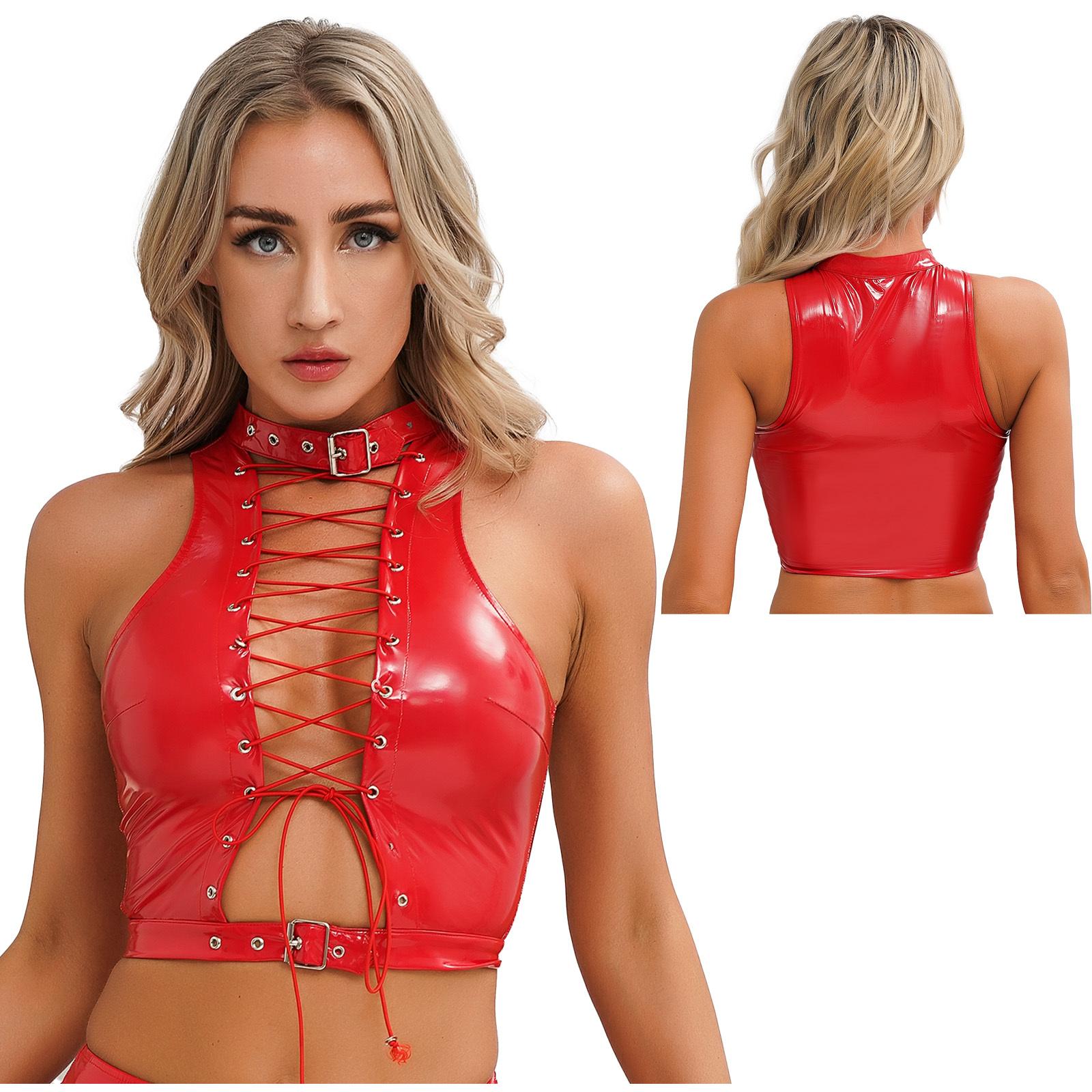 Damen glänzendes PU-Leder, ausgehöhltes Crop-Top, ärmelloses, schnürbares Tank-Top, Clubwear S von Joom DACH