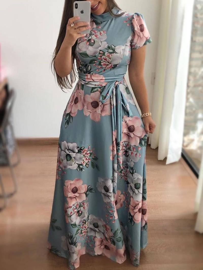 Damen lässiges bedrucktes Maxikleid mit Bindebändern, kurzärmeliges Kleid XXL grün von Joom DACH