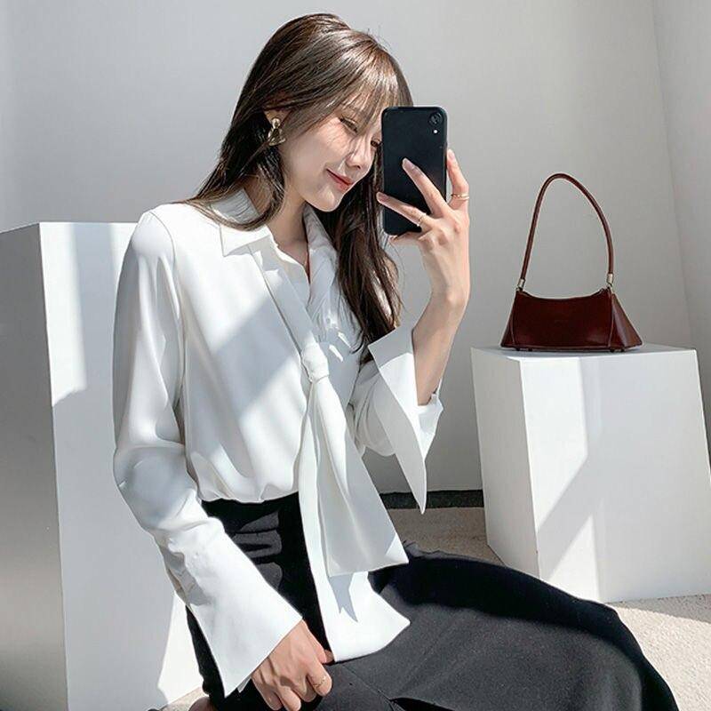 Damenblusen Mode 2022 Sommer Chiffon Top weiblich Damenhemden Damen weißes Hemd Blusen Tops Langarm Schicke Frau M weiß von Joom DACH