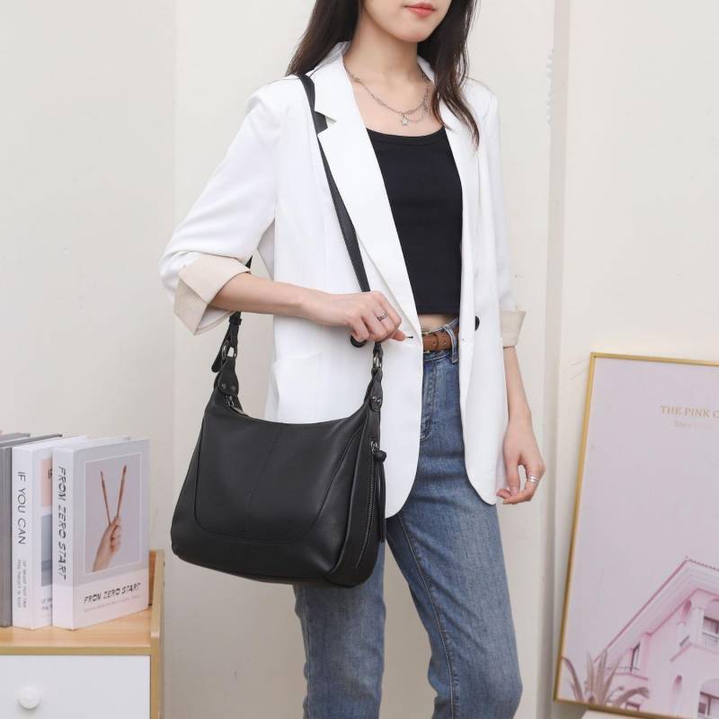 Damenhandtasche aus Rindsleder, Schultertasche, Messenger-Tasche mit großem Fassungsvermögen, Tragetasche, Mama-Tasche, modische, einfache Einkaufstasche schwarz von Joom DACH