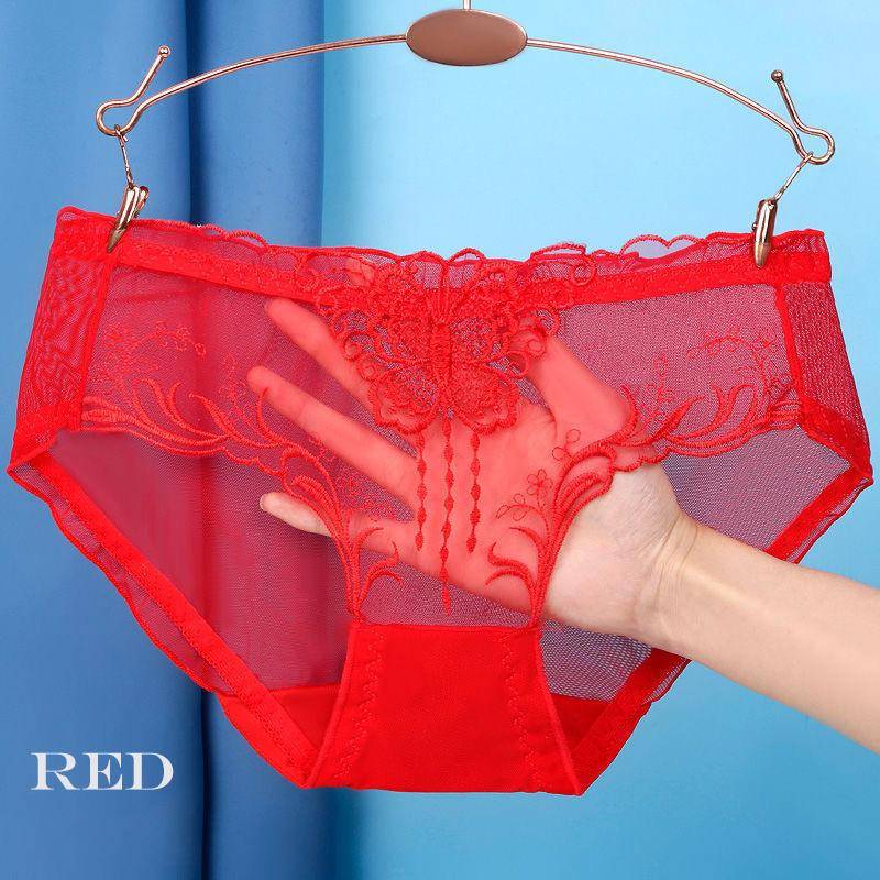 Damenhöschen, dünne transparente Unterwäsche für Frauen, Spitze, Schmetterling, kurze Damen-Dessous-Unterhose L rot von Joom DACH