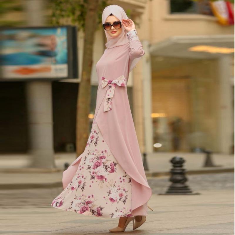 Damenkleid, türkisches Tuch, Islam, Musselin, Chiffon-Robe, Canonicals mit Schal, einteiliges langes Kleid, lange Ärmel, bedruckt, elegantes Kleid M rosa von Joom DACH